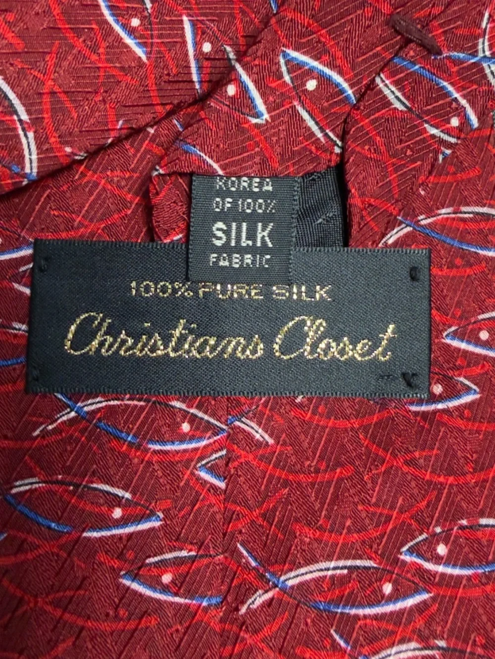 Christians Closet XL 100% Silk Red Christian Fish Tie Ichthys Necktie Apprx. 62
